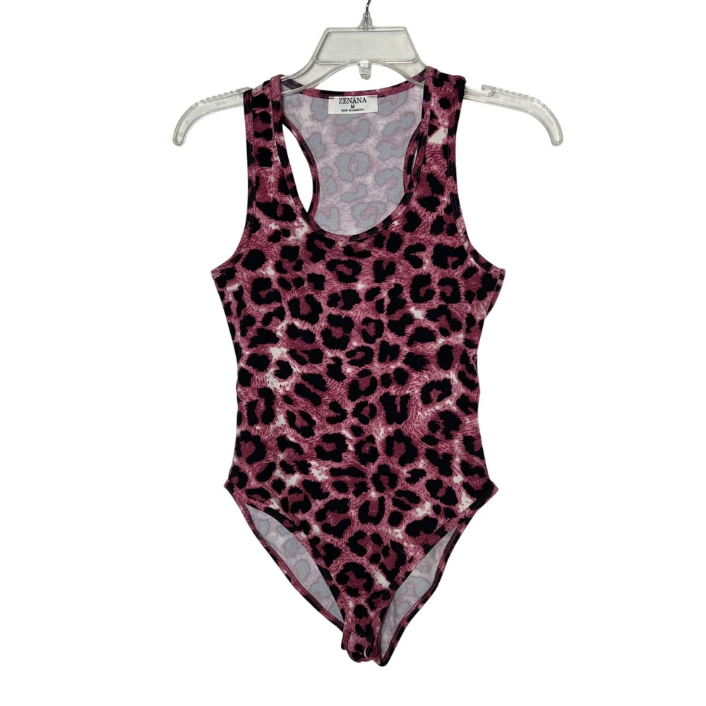 Zenana Womens Pink Leopard Print Racerback Bodysuit Medium Scoop Neck Sleeveless